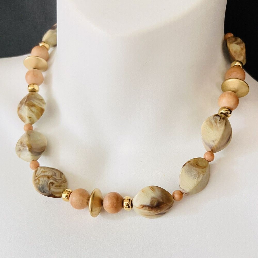 Vintage Napier Signed Lucite Marbled Earth Tone Gold Beaded Necklace Chunky 4110
